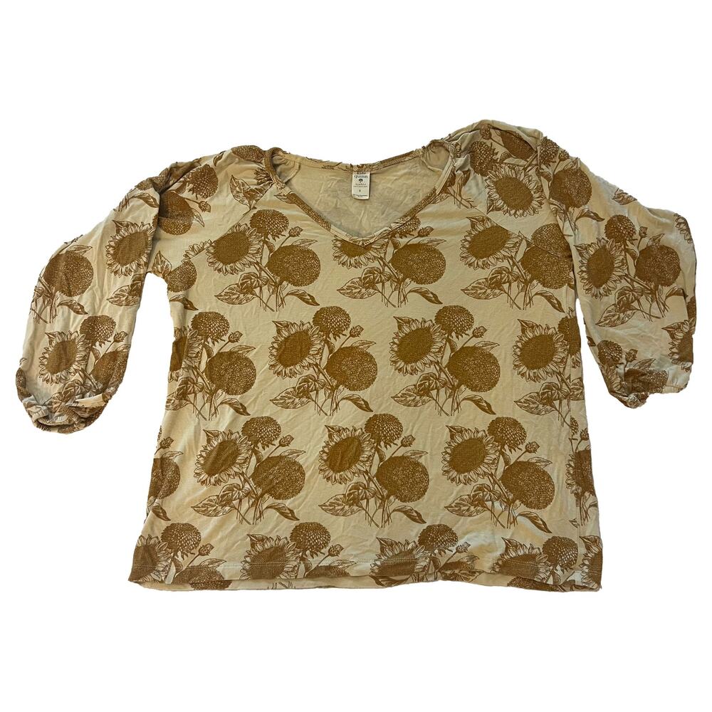 Kate Quinn Bamboo Fennel Sunflower Floral V-Neck Top Balloon Sleeve Womens Small